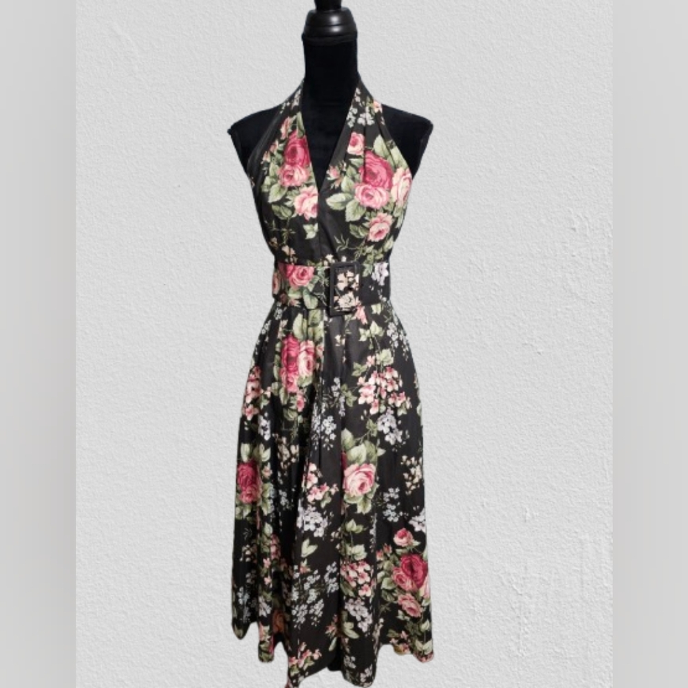 Halter Floral Midi Dress in Black and Pink